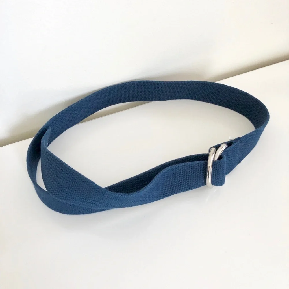 Navy Blue Pull Through Silver Metal Buckle Belt